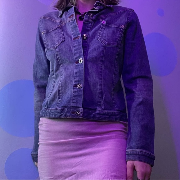 JLO Y2K Denim Jean Jacket w/ Pink Contrast Stitching Large - Picture 4 of 12